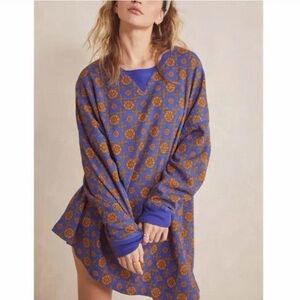 Free People Early Night Blue Geometric Thermal Waffle Loungewear Sweatshirt